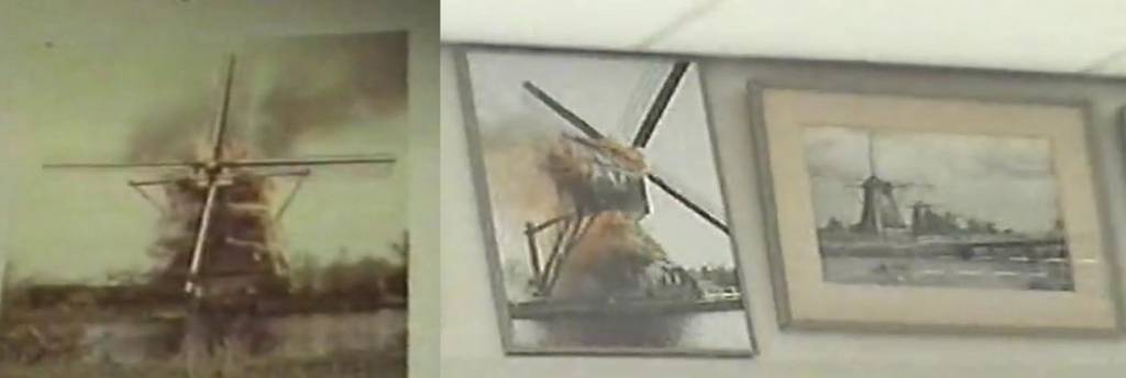 Kinderdijk 遊客中心牆上掛著不同風車著火的照片。